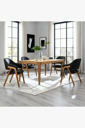 Tömör tölgy kihúzható étkezőasztal 4 fekete kartámaszos székkel